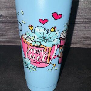 "Mom Fuel" Plastic Tumbler Blue with Straw Cover